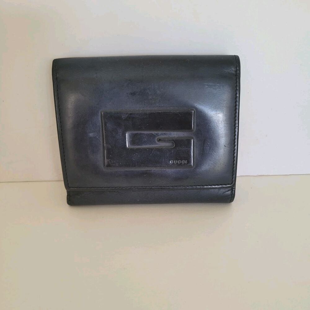 GUCCI G Logo Leather Card Bil Wallet Medium 90s Bifold Black Vintage Tom Ford